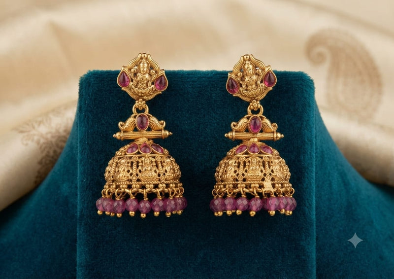 PUPAA Heritage Antique Gold Temple Lakshmi & Peacock Jhumka Earrings with Faceted Bead Drops