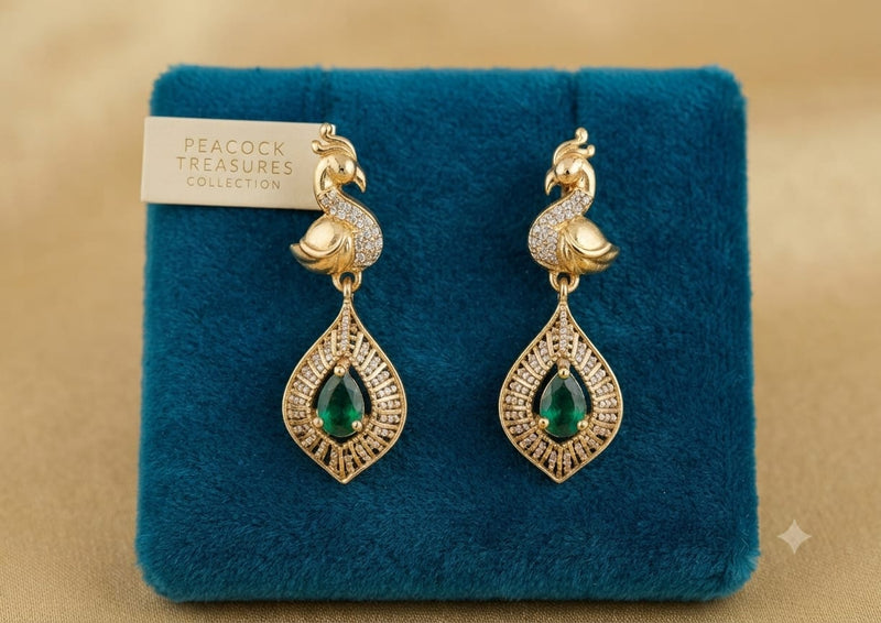 Gold-Plated CZ Peacock Stud Earrings with Teardrop Emerald Green Frame Drops
