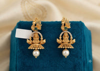 Antique Gold Temple Peacock & Divine Lakshmi Drop Earrings with Pearl Drop