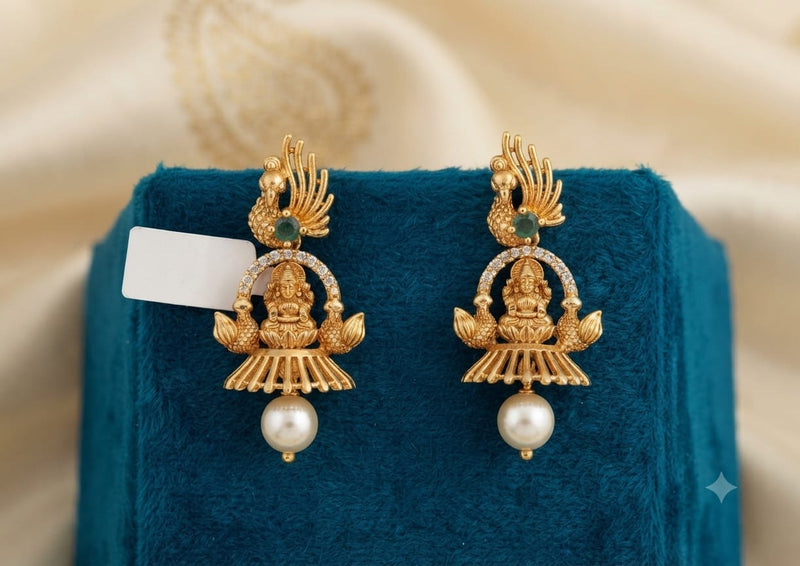 Antique Gold Temple Peacock & Divine Lakshmi Drop Earrings with Pearl Drop