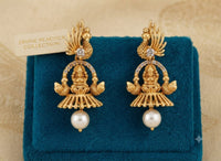 Antique Gold Temple Peacock & Divine Lakshmi Drop Earrings with Pearl Drop