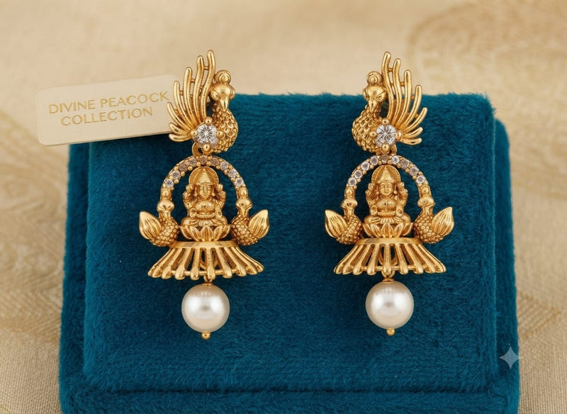 Antique Gold Temple Peacock & Divine Lakshmi Drop Earrings with Pearl Drop