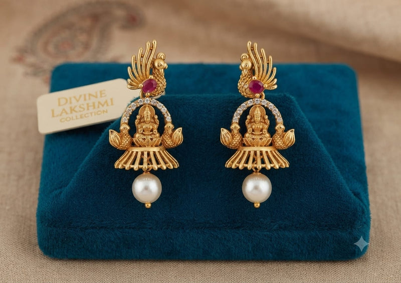 Antique Gold Temple Peacock & Divine Lakshmi Drop Earrings with Pearl Drop