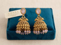 Antique Gold Dual Peacock Temple Jhumka Earrings with Oval Gemstone & Faceted Bead Drops