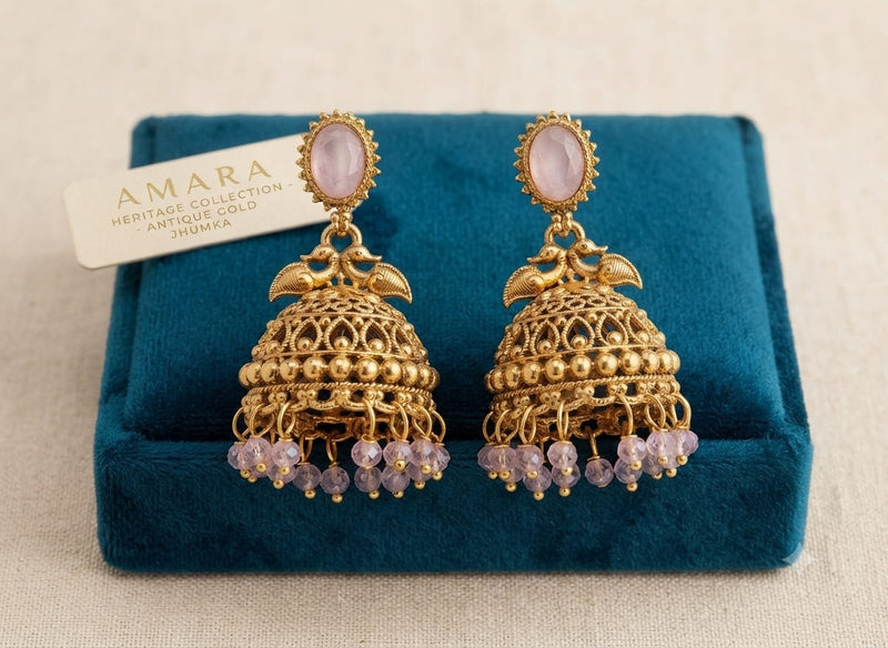 Antique Gold Dual Peacock Temple Jhumka Earrings with Oval Gemstone & Faceted Bead Drops