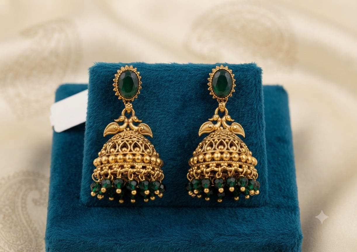 Antique Gold Dual Peacock Temple Jhumka Earrings with Oval Gemstone & Faceted Bead Drops