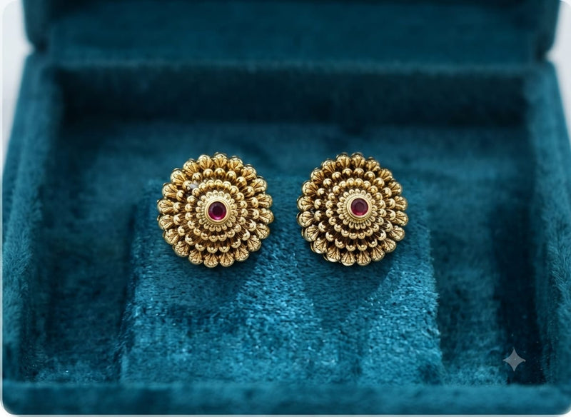 Antique Gold Concentric Floral Bloom Stud Earrings with Ruby Stone Center