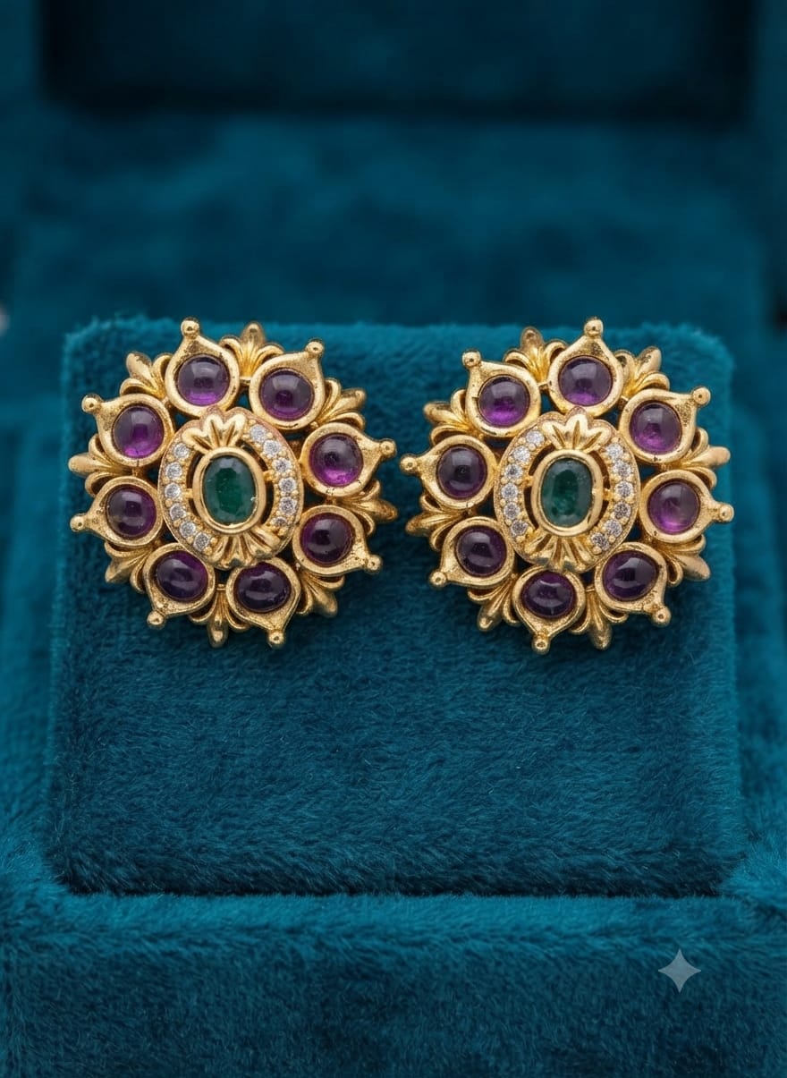 PUPAA Heritage Antique Gold Sunburst Floral Stud Earrings with Ruby & Emerald Cabochons