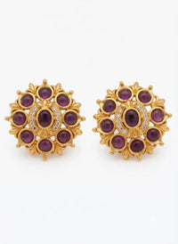 PUPAA Heritage Antique Gold Sunburst Floral Stud Earrings with Ruby & Emerald Cabochons