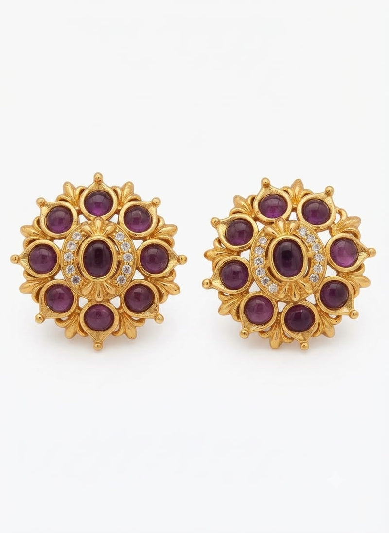 PUPAA Heritage Antique Gold Sunburst Floral Stud Earrings with Ruby & Emerald Cabochons