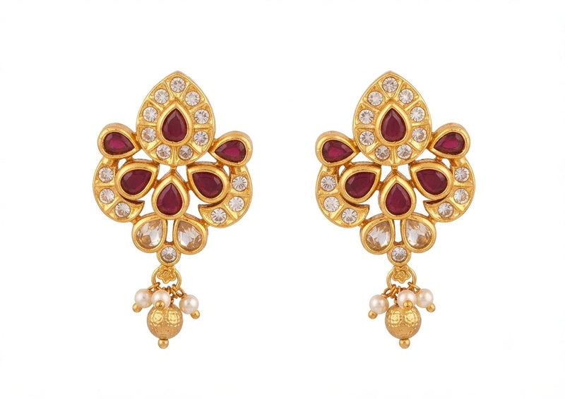PUPAA Antique Gold Floral Paisley Kemp & CZ Drop Earrings with Pearl & Gold Bead Drops