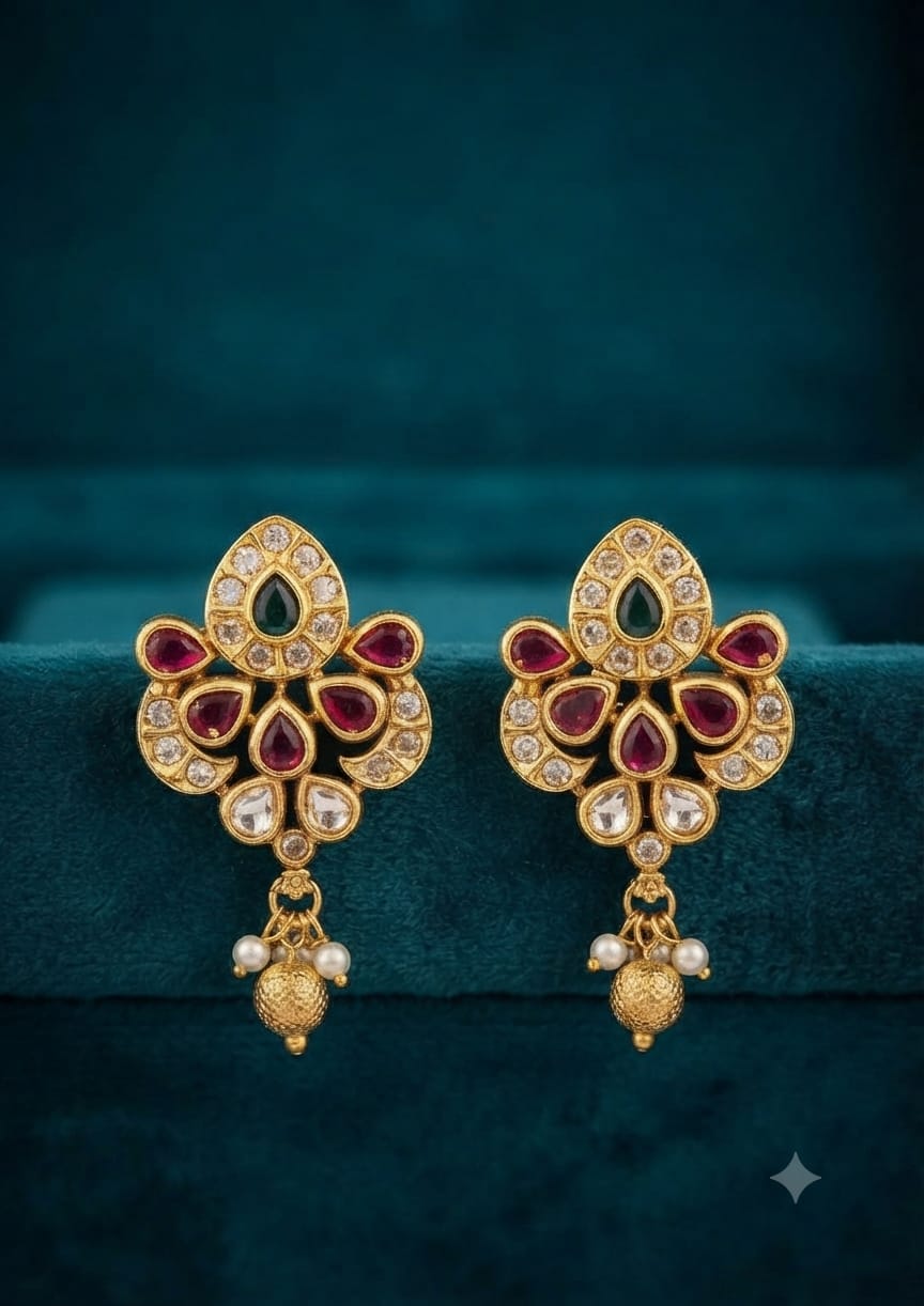 PUPAA Antique Gold Floral Paisley Kemp & CZ Drop Earrings with Pearl & Gold Bead Drops