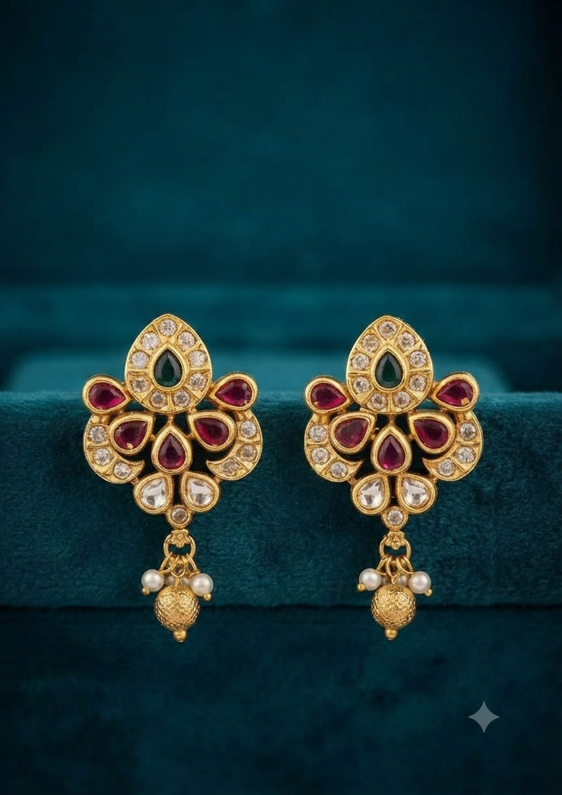 PUPAA Antique Gold Floral Paisley Kemp & CZ Drop Earrings with Pearl & Gold Bead Drops