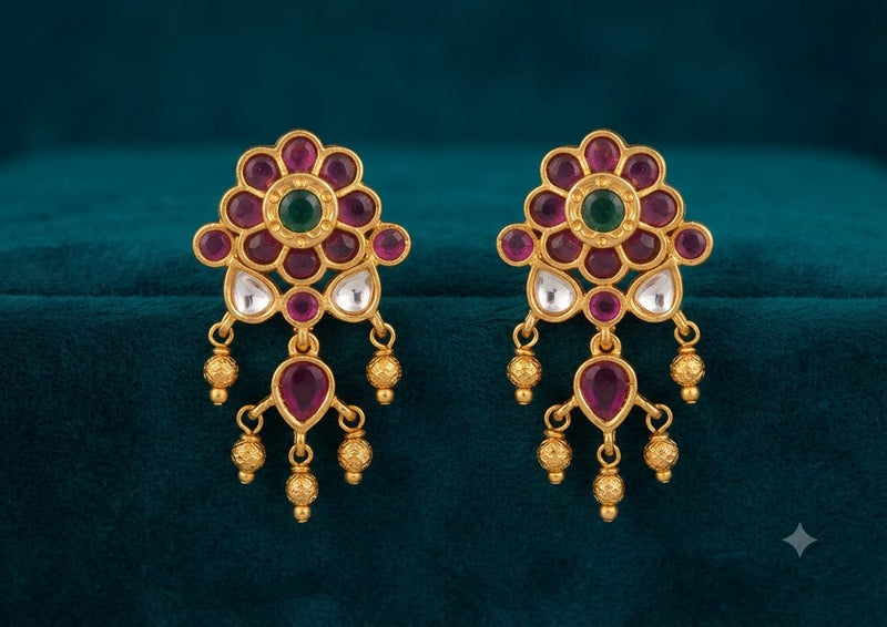 PUPAA Antique Gold Floral Kemp & CZ Drop Earrings with Hanging Bead Accents