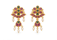PUPAA Antique Gold Floral Kemp & CZ Drop Earrings with Hanging Bead Accents