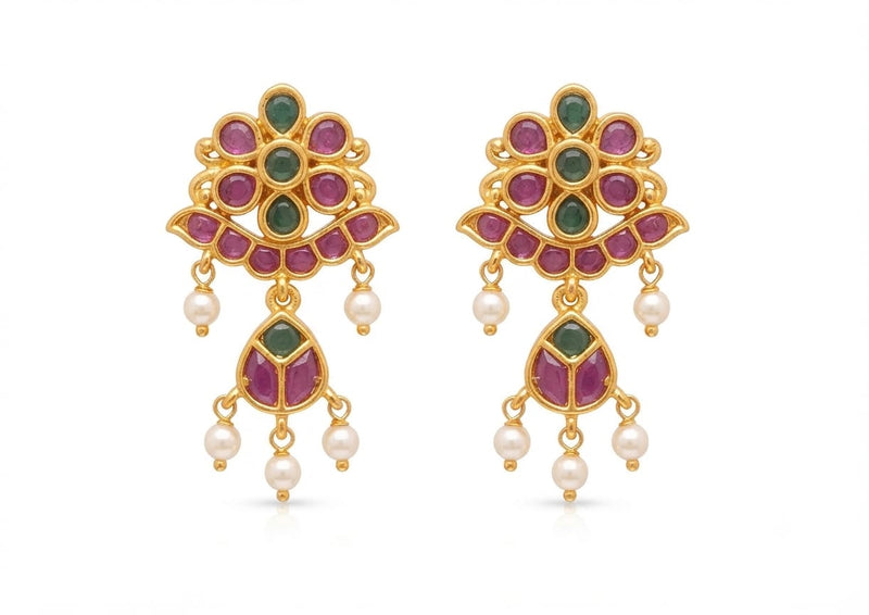 PUPAA Antique Gold Floral Kemp & CZ Drop Earrings with Hanging Bead Accents