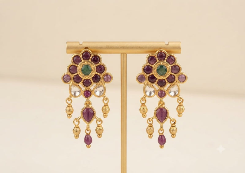 PUPAA Antique Gold Floral Kemp & CZ Drop Earrings with Hanging Bead Accents