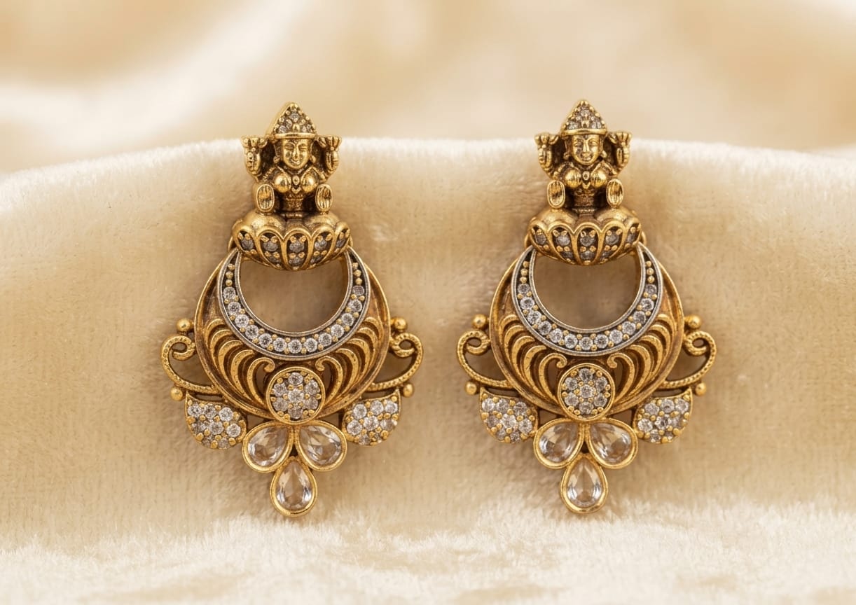 PUPAA Heritage Antique Gold Temple Lakshmi Crescent Stud Earrings with White CZ Accents
