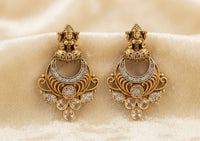 PUPAA Heritage Antique Gold Temple Lakshmi Crescent Stud Earrings with White CZ Accents