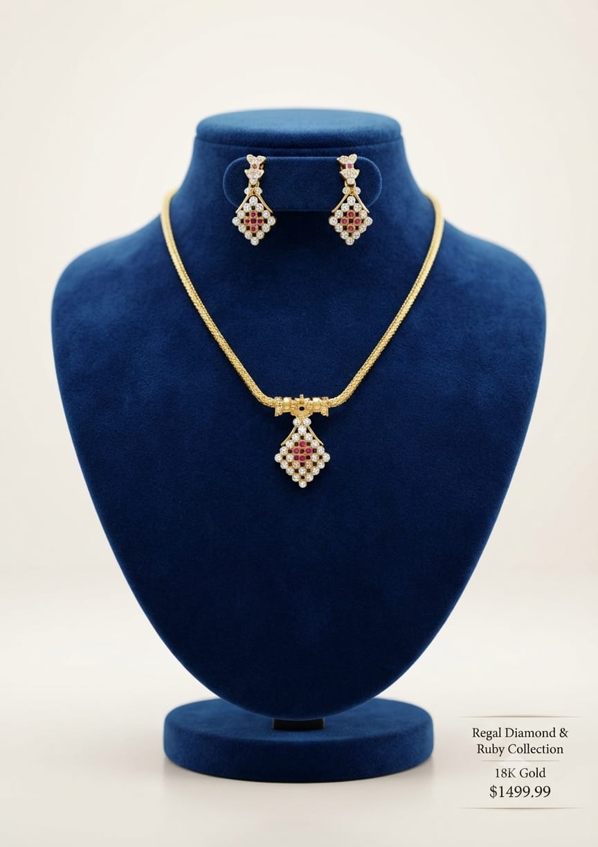 PUPAA Regal Geometric Diamond & Ruby CZ Pendant Chain Set with Matching Earrings