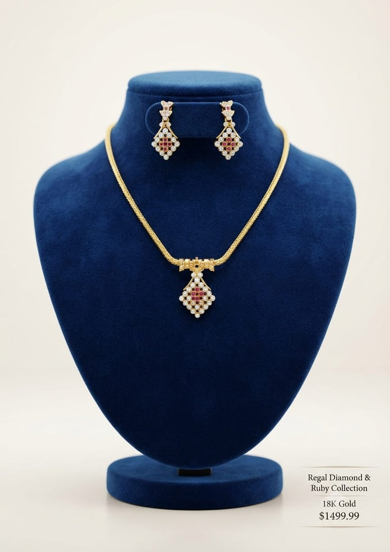 PUPAA Regal Geometric Diamond & Ruby CZ Pendant Chain Set with Matching Earrings