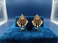 PUPAA Heritage Antique Gold Temple Lakshmi Fan Stud Earrings with Ruby Kemp Stones & Pearl Drops