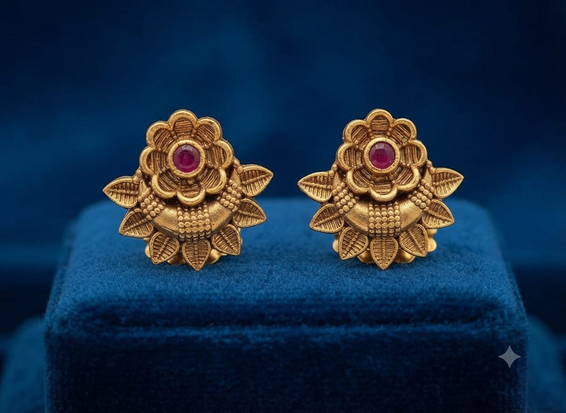PUPAA Antique Gold Sculpted Floral & Leaf Stud Earrings with Ruby Stone Center