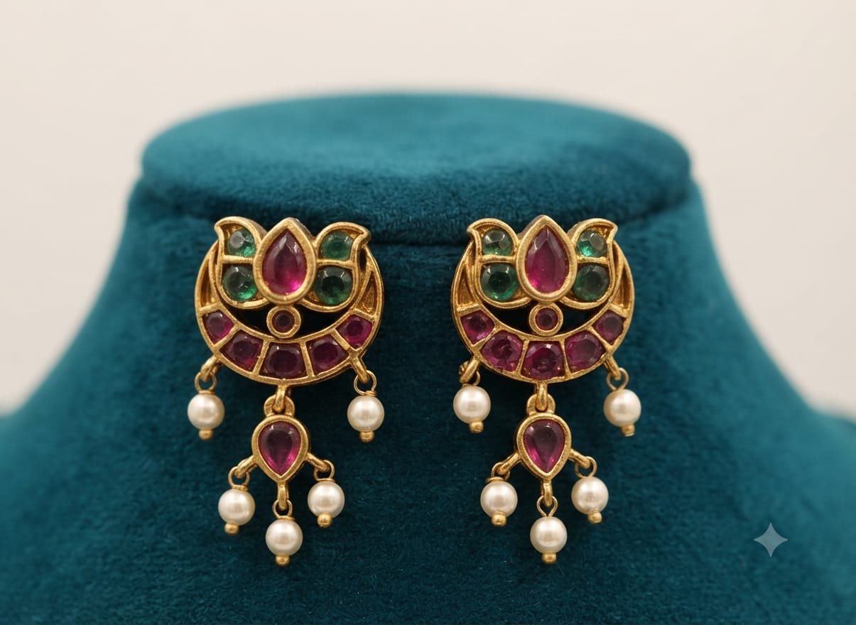 PUPAA Heritage Antique Gold Lotus & Crescent Kemp Drop Earrings with Pearl Fringes