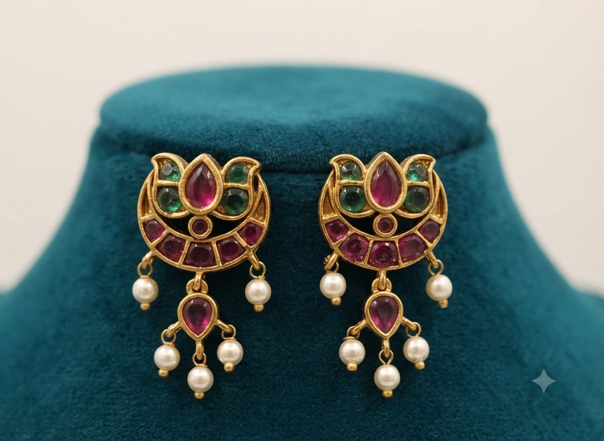 PUPAA Heritage Antique Gold Lotus & Crescent Kemp Drop Earrings with Pearl Fringes