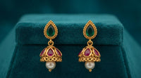 PUPAA Heritage Antique Gold Teardrop Emerald Stud Mini Jhumka Earrings with Ruby Stones & Pearl Drop