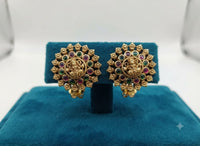 PUPAA Heritage Antique Gold Temple Lakshmi Circular Stud Earrings with Navaratna-Style Multi-Stone Halo