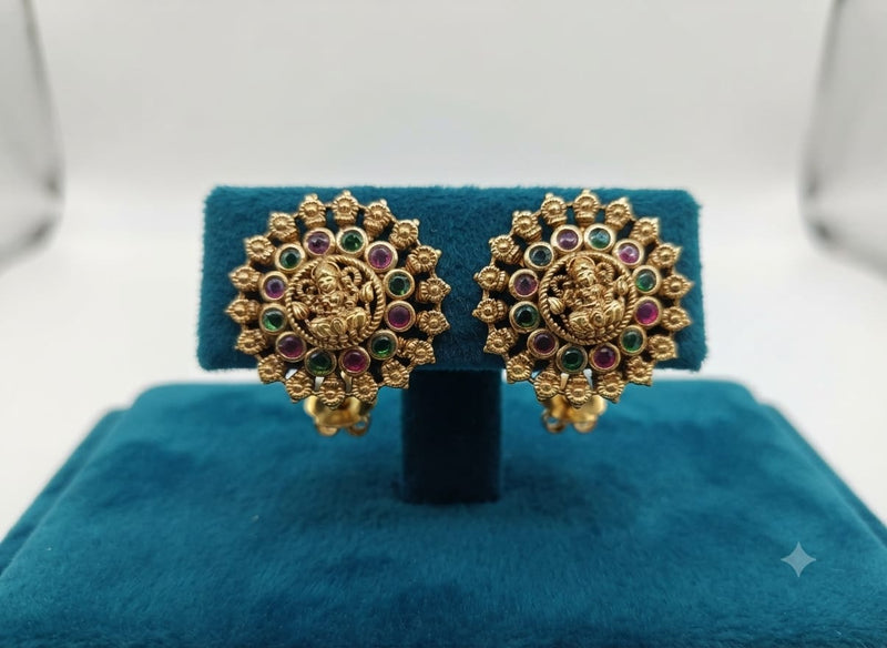 PUPAA Heritage Antique Gold Temple Lakshmi Circular Stud Earrings with Navaratna-Style Multi-Stone Halo