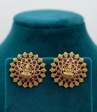 PUPAA Heritage Antique Gold Temple Lakshmi Circular Stud Earrings with Navaratna-Style Multi-Stone Halo