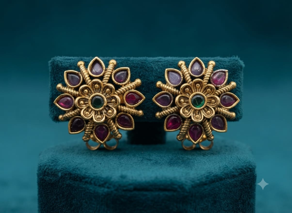 PUPAA Heritage Antique Gold Sunburst Floral Stud Earrings with Ruby Kemp Petals & Emerald Center