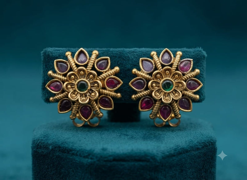 PUPAA Heritage Antique Gold Sunburst Floral Stud Earrings with Ruby Kemp Petals & Emerald Center