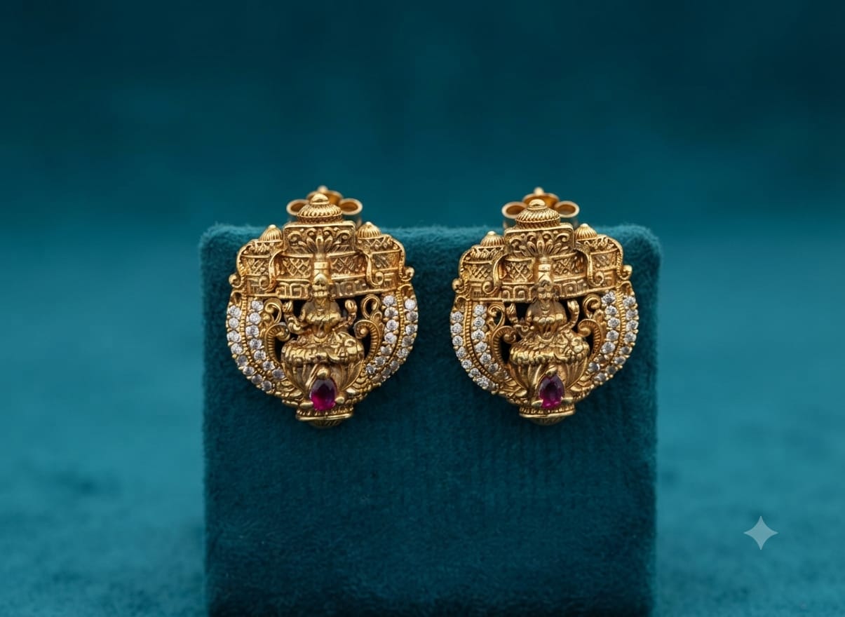 PUPAA Heritage Antique Gold Temple Lakshmi Mantap Stud Earrings with CZ Arch & Ruby Base