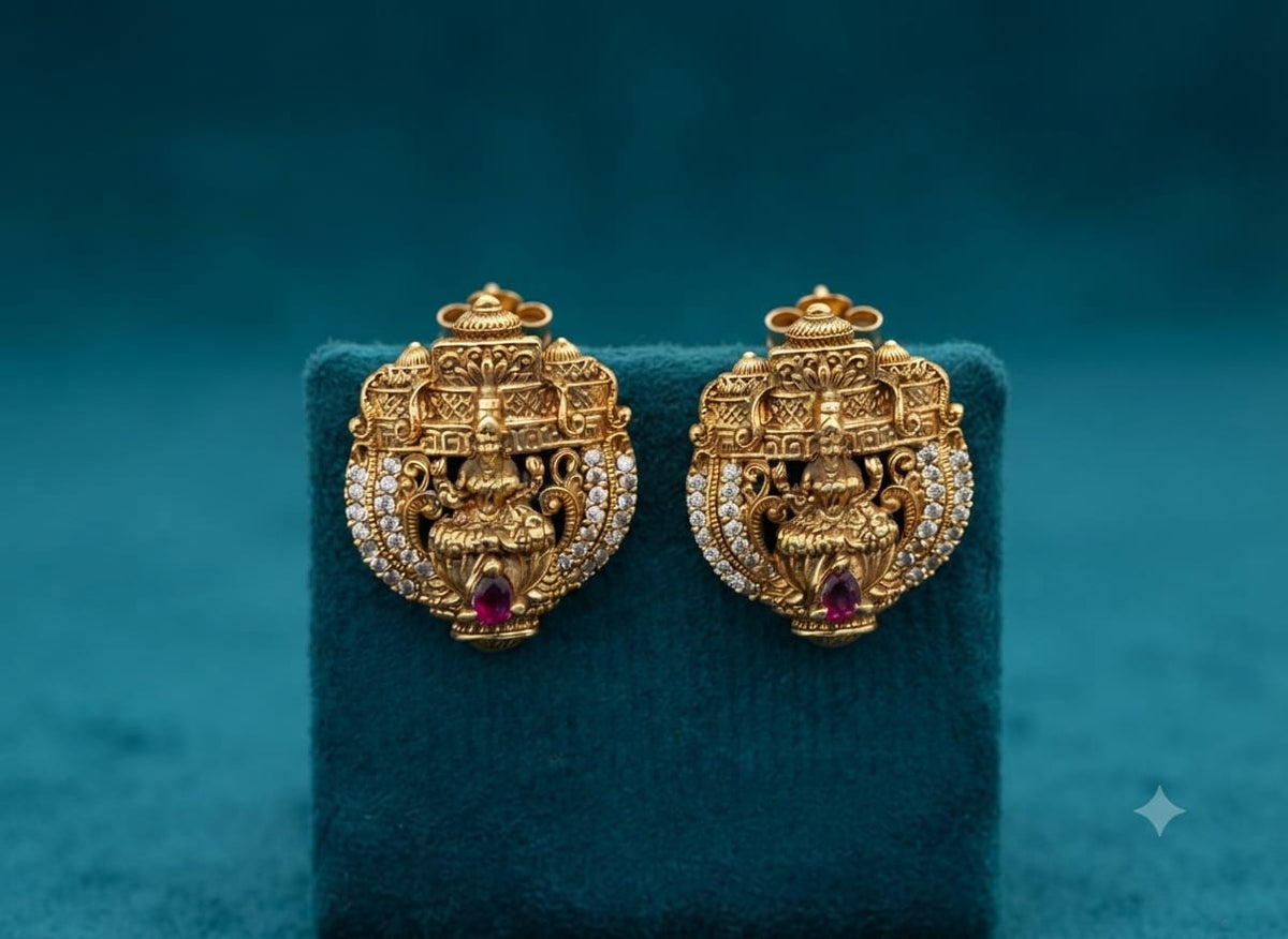 PUPAA Heritage Antique Gold Temple Lakshmi Mantap Stud Earrings with CZ Arch & Ruby Base