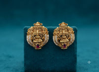 PUPAA Heritage Antique Gold Temple Lakshmi Mantap Stud Earrings with CZ Arch & Ruby Base