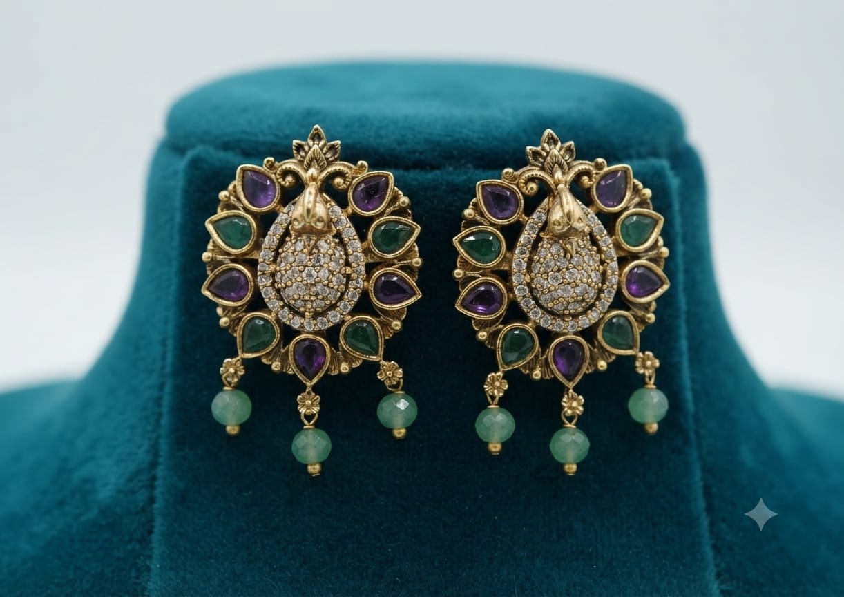 PUPAA Heritage Antique Gold Dancing Peacock Stud Earrings with CZ Body & Mint Green Bead Drops
