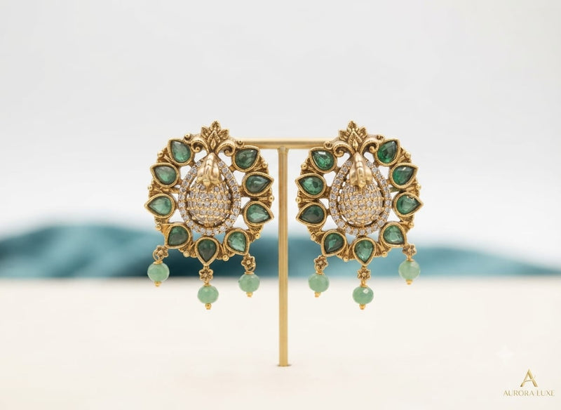 PUPAA Heritage Antique Gold Dancing Peacock Stud Earrings with CZ Body & Mint Green Bead Drops