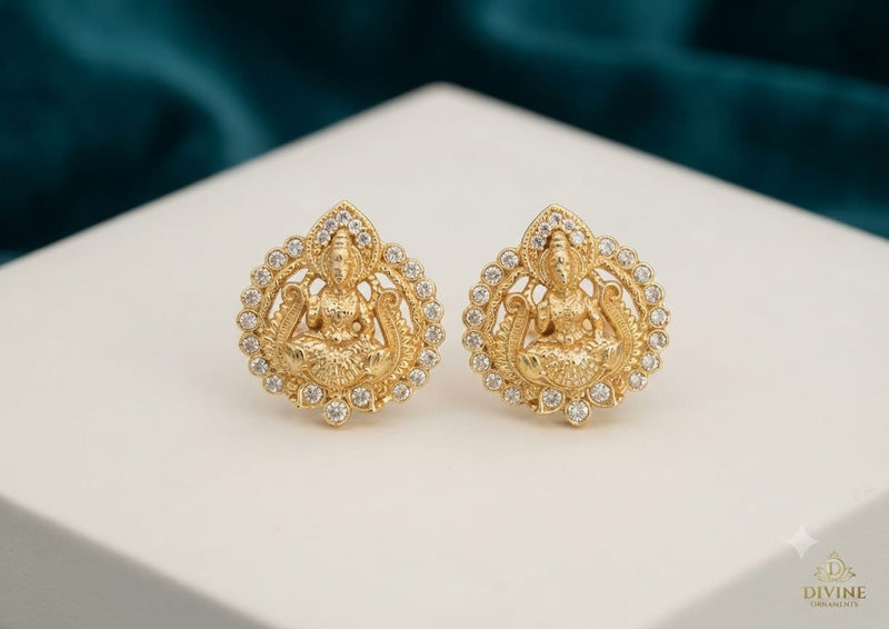 PUPAA Heritage Antique Gold Divine Temple Lakshmi Stud Earrings with CZ Halo Frame