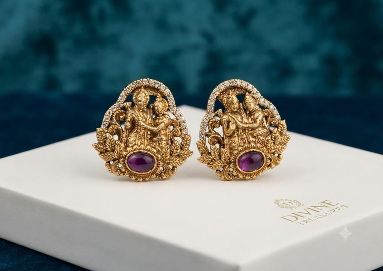 PUPAA Heritage Antique Gold Divine Radha Krishna Temple Stud Earrings with CZ Arch & Ruby Cabochon