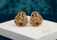 PUPAA Heritage Antique Gold Divine Radha Krishna Temple Stud Earrings with CZ Arch & Ruby Cabochon
