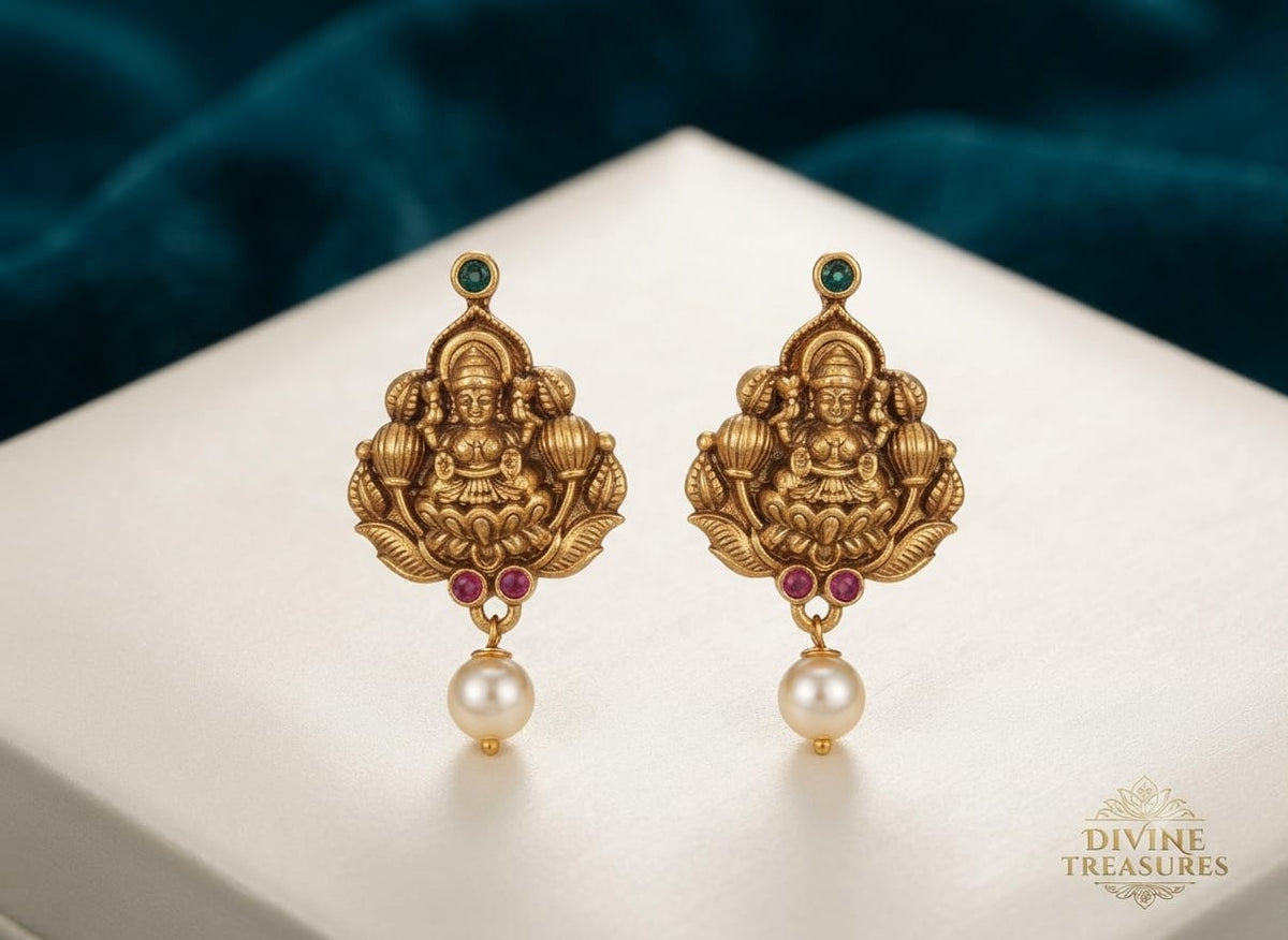 PUPAA Heritage Antique Gold Temple Lakshmi Drop Earrings with Pearl Drop & Kemp Stones