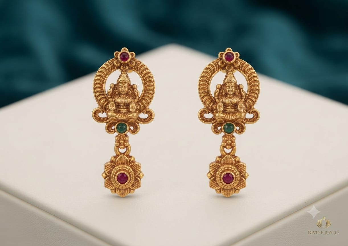 PUPAA Heritage Antique Gold Temple Lakshmi Long Drop Earrings with Floral Medallion & Kemp Accent