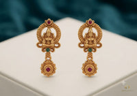 PUPAA Heritage Antique Gold Temple Lakshmi Long Drop Earrings with Floral Medallion & Kemp Accent