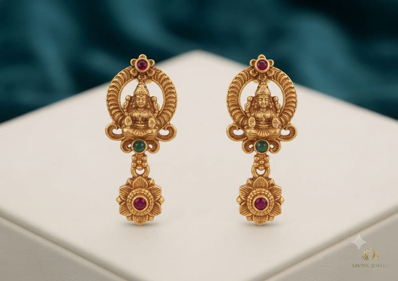 PUPAA Heritage Antique Gold Temple Lakshmi Long Drop Earrings with Floral Medallion & Kemp Accent