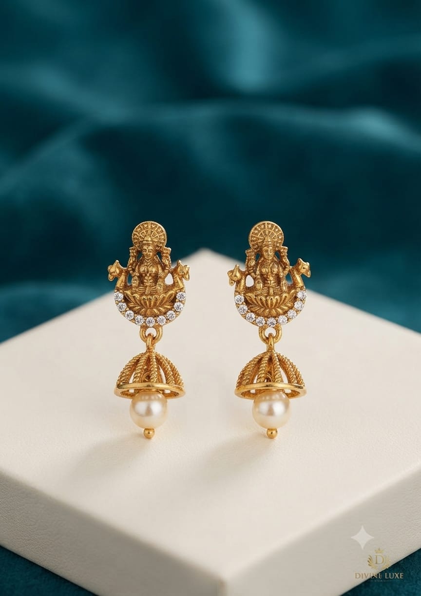 PUPAA Heritage Antique Gold Temple Lakshmi Stud Jhumka Earrings with CZ Crescent & Pearl Drop