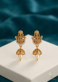 PUPAA Heritage Antique Gold Temple Lakshmi Stud Jhumka Earrings with CZ Crescent & Pearl Drop