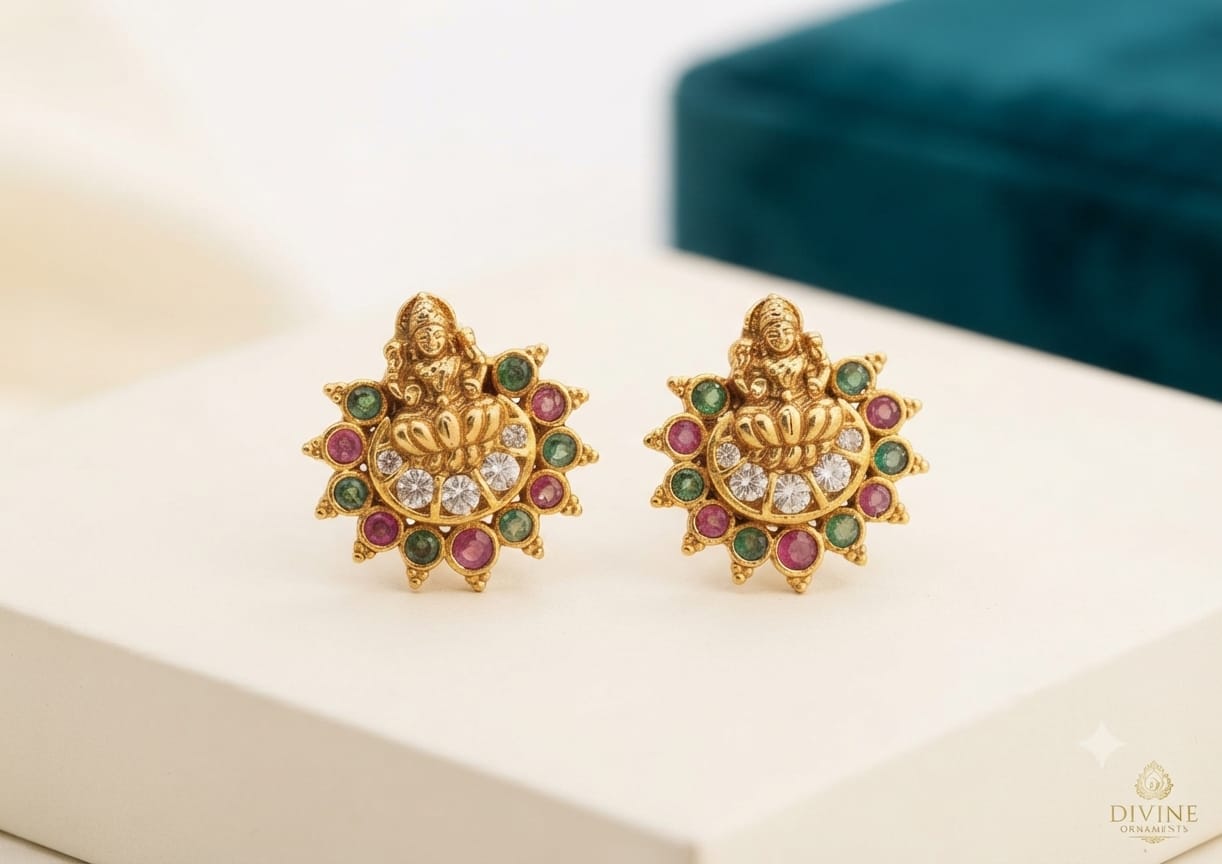 PUPAA Heritage Antique Gold Temple Lakshmi Medallion Stud Earrings with CZ Crescent & Kemp Halo Frame